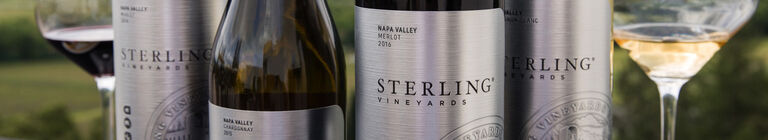 Bottles of Sterling Vineyards Merlot, Chardonnay, and Sauvignon Blanc