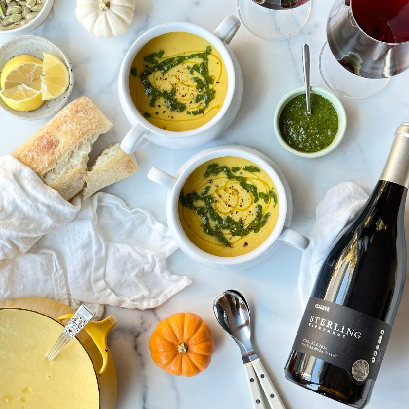 Curry Roasted Butternut Squash Soup with Pumpkin Seed Salsa Verde with Sterling Russian River Pinot Noir