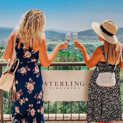 Two women looking out over the vineyards at Sterling Winery