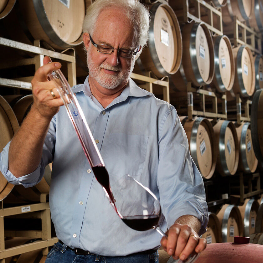 Sterling Vineyards Winemaker Harry Hansen Pouring a Barrel Sample into a Wine Glass