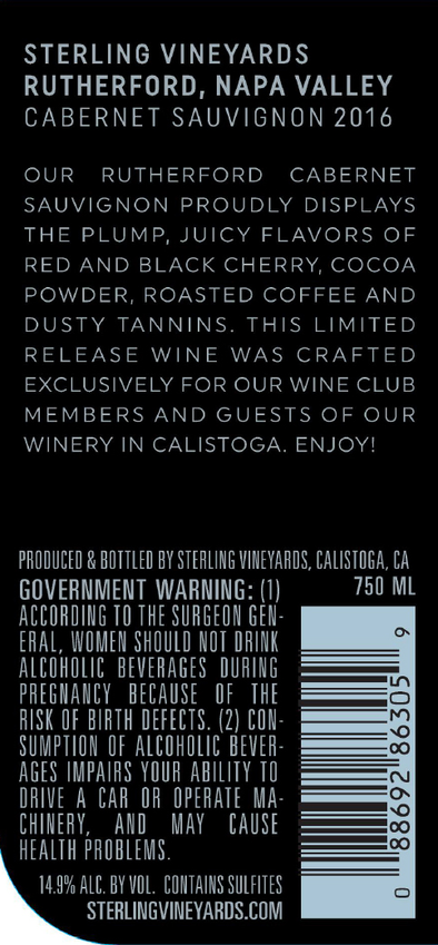 2016 Sterling Vineyards Rutherford Cabernet Sauvignon Back Label