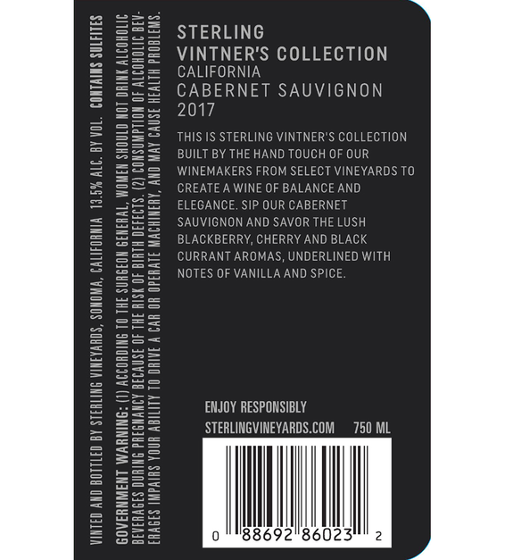 2017 Sterling Vineyards Vintner's Collection California Cabernet Sauvignon Back Label