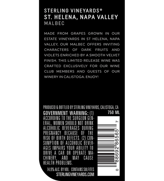 2016 Sterling Vineyards St. Helena Malbec Back Label