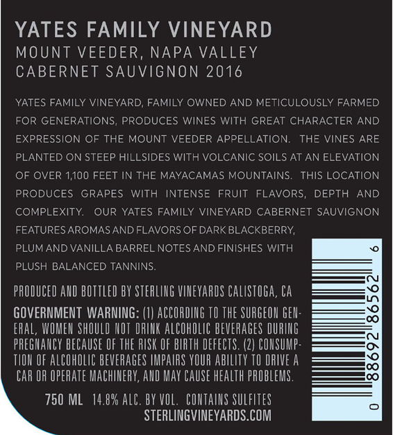 2016 Sterling Vineyards Yates Family Vineyard Mount Veeder Cabernet Sauvignon Back Label