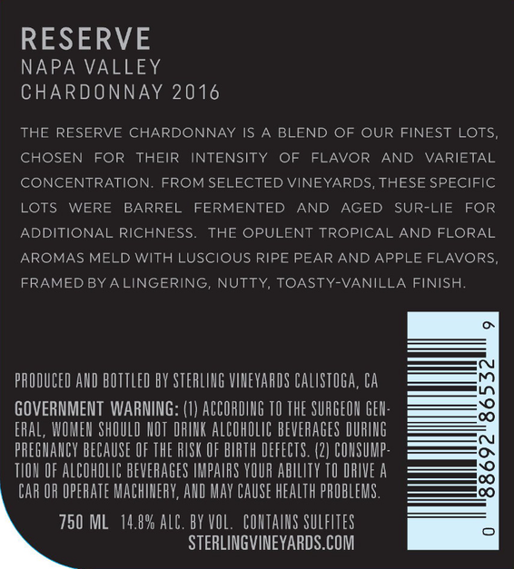 2016 Sterling Vineyards Reserve Chardonnay