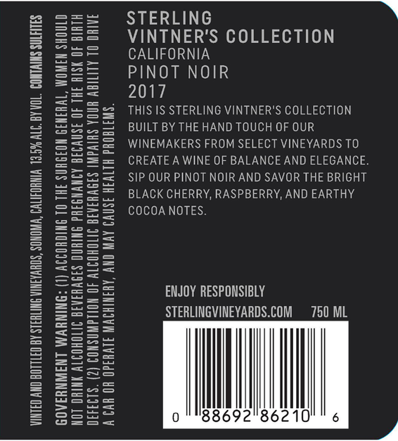 2018 Sterling Vintner's Collection California Pinot Noir Back Label