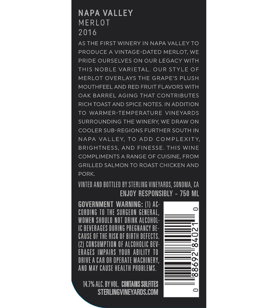 2016 Sterling Vineyards Napa Valley Merlot Back Label