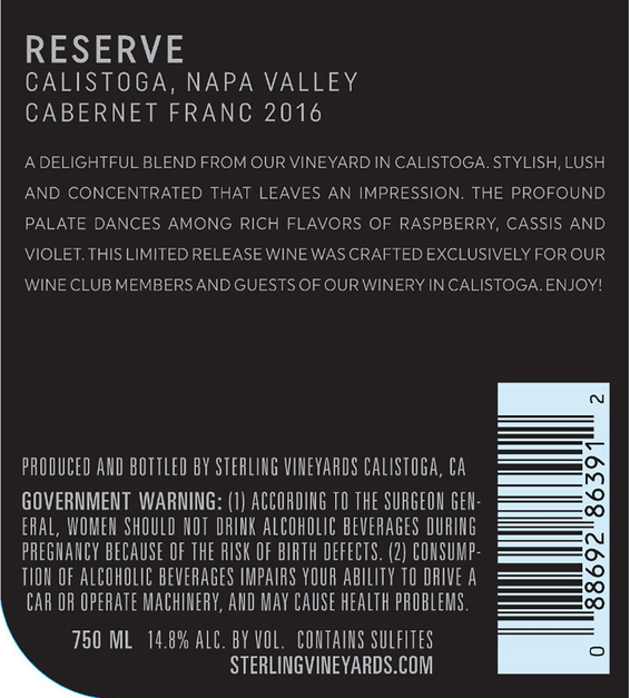 2016 Sterling Vineyards Reserve Calistoga Cabernet Franc Back Label