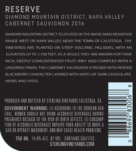2016 Sterling Vineyards Diamond Mountain District Napa Valley Cabernet Sauvignon Back Label