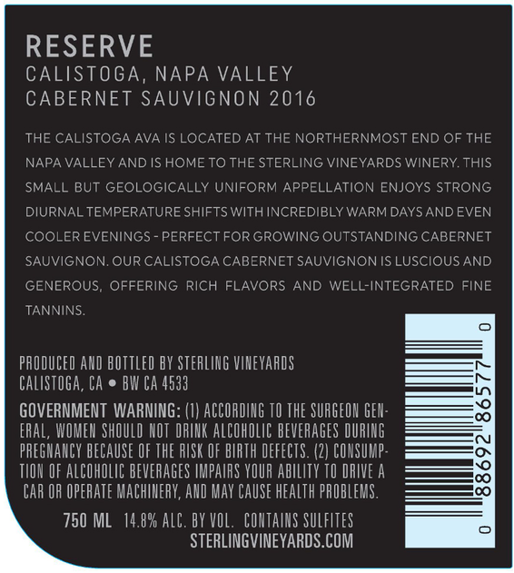 2016 Sterling Vineyards Reserve Cabernet Sauvignon