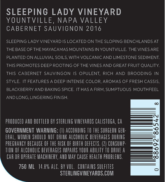 2016 Sterling Vineyards Sleeping Lady Vineyard Yountville Cabernet Sauvignon Back Label
