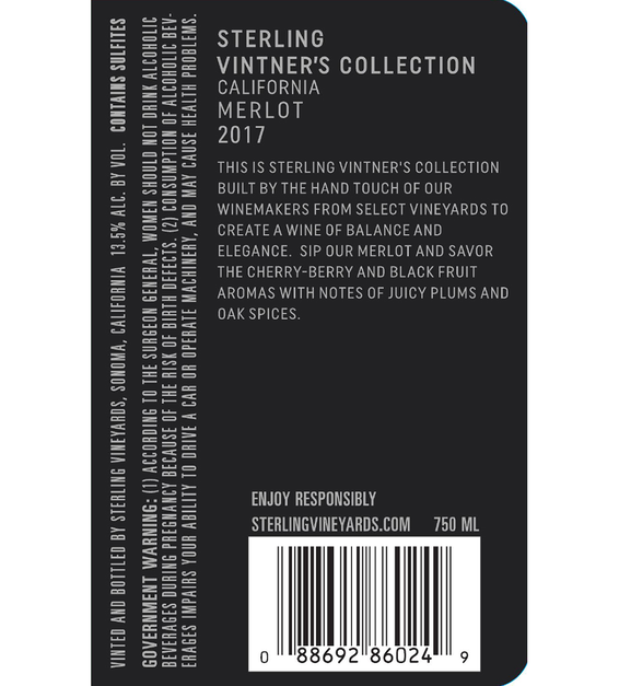 2017 Sterling Vineyards Vintner's Collection California Merlot Back Label